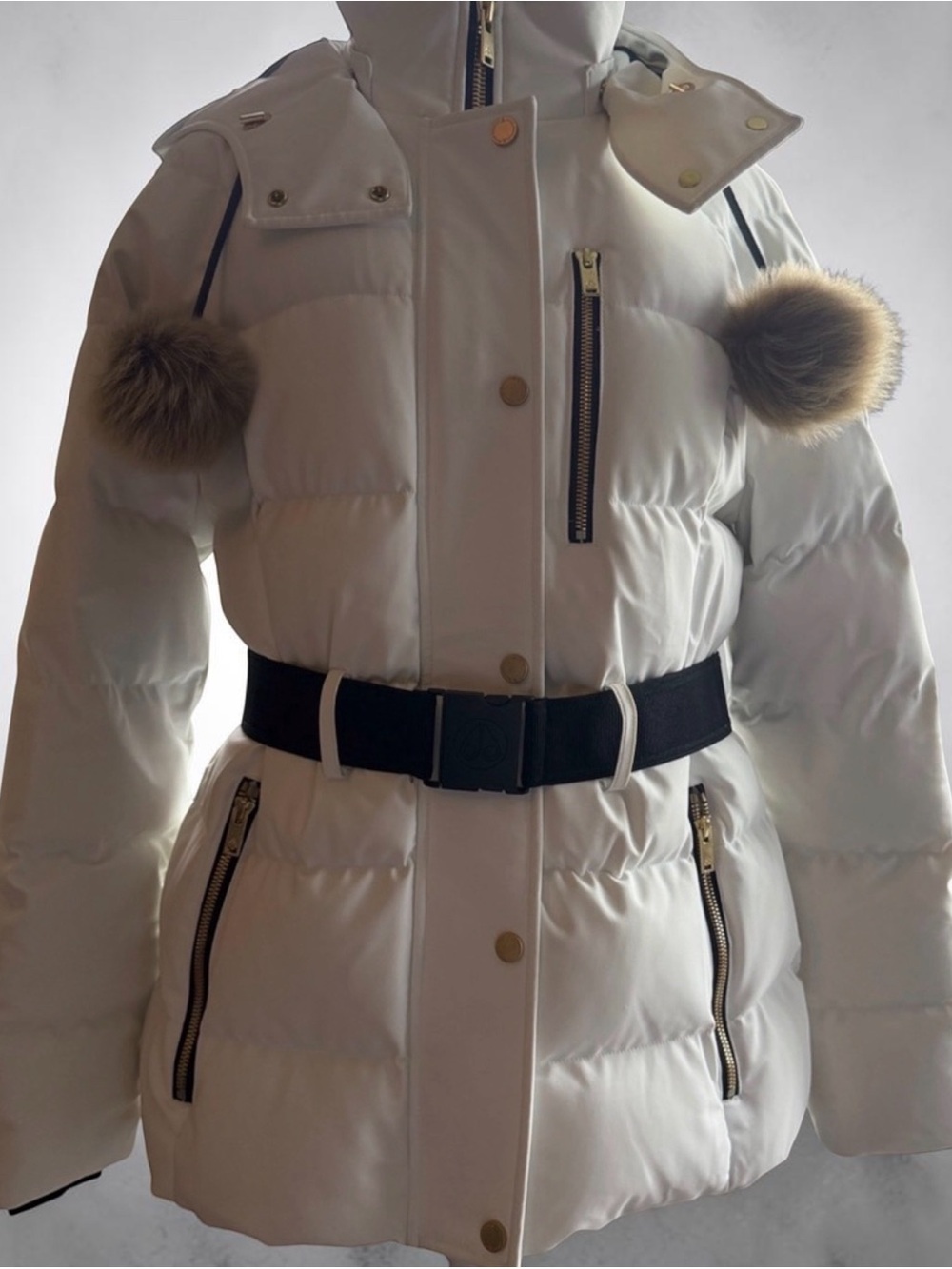 Women’s White Puffer Coat with Belt and Fur Pom Details